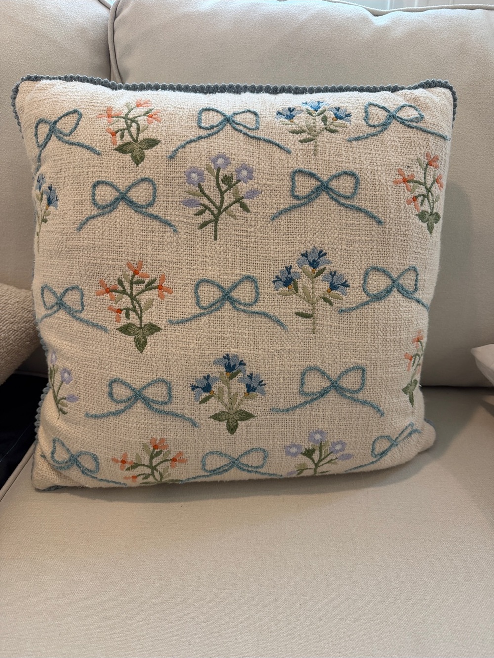 Kirklands Cream Pillow with Blue Bow & Multi Floral Embroidery